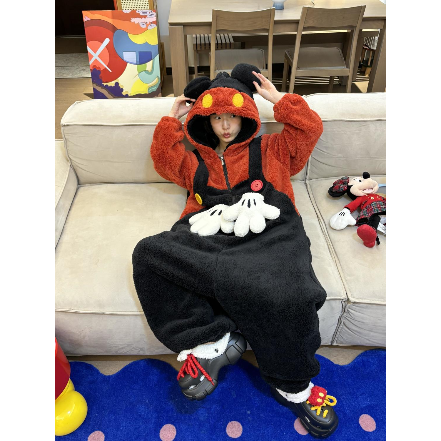 卡通米奇珊瑚绒连体睡衣女冬季新款加绒加厚保暖一体式家居服睡袍