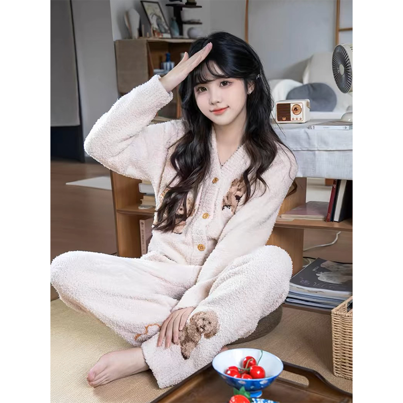【可爱泰迪】韩系印花半边绒睡衣女款冬季2024保暖加厚家居服套装