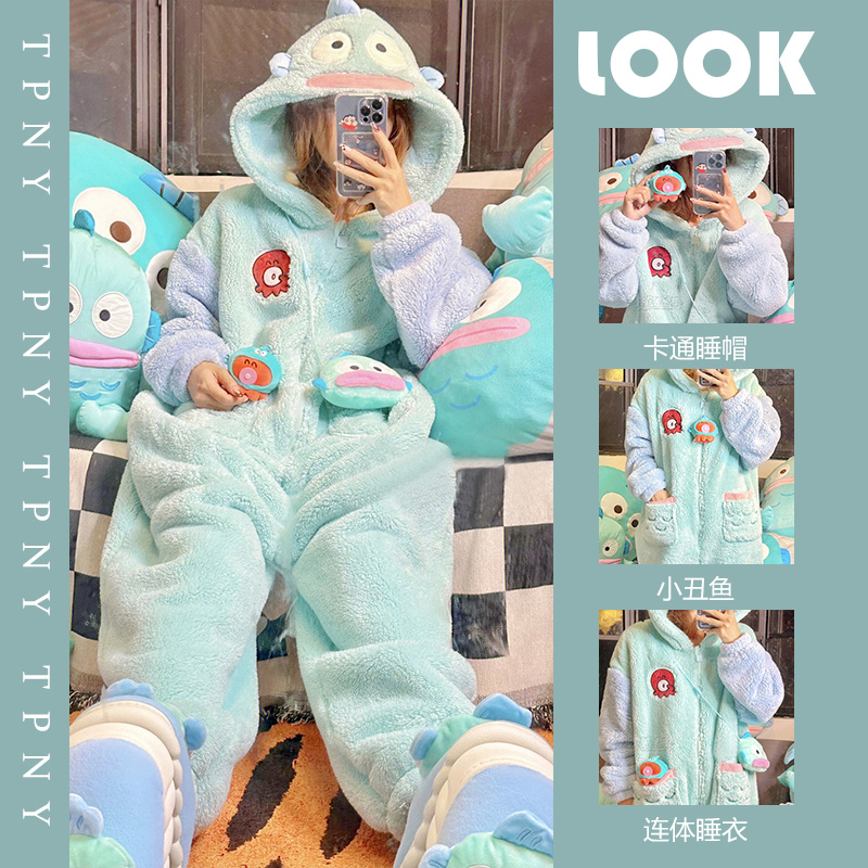 卡通连体睡衣女加绒加厚冬季新款连帽珊瑚绒家居服睡袍一体式睡衣