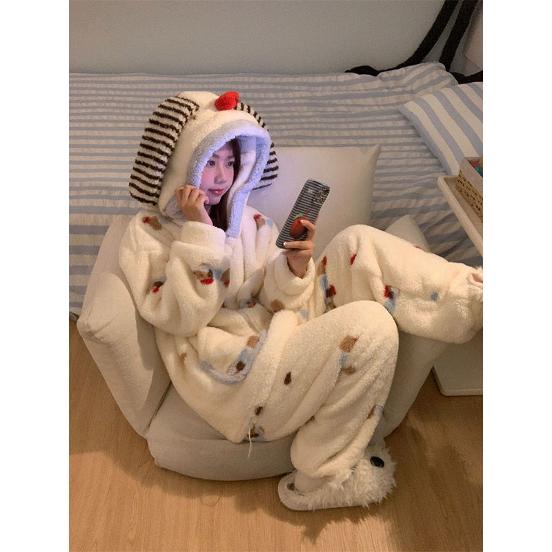 腊肠狗连帽珊瑚绒睡衣女冬季新款大码毛绒加绒加厚保暖家居服套装