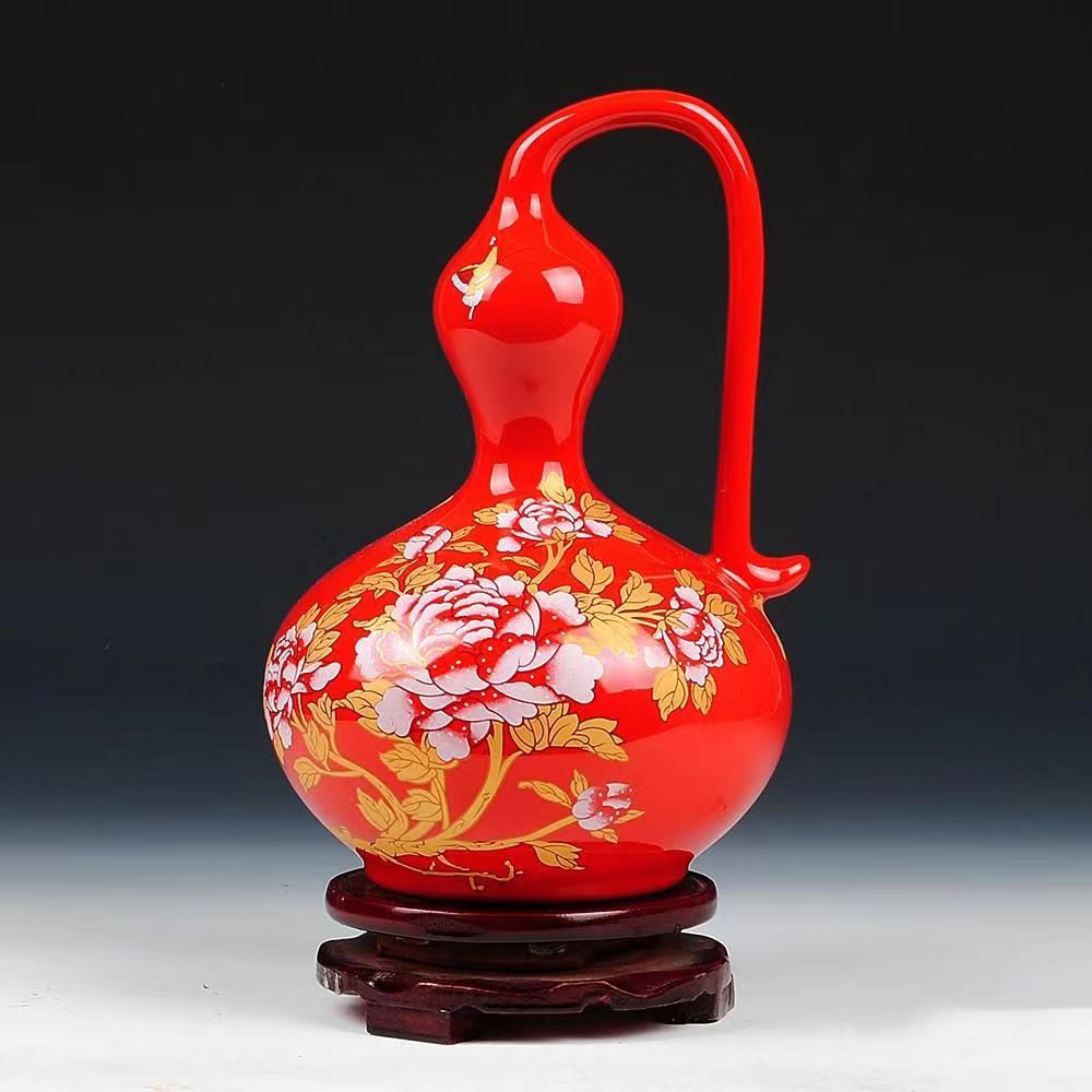 景德镇陶瓷器红色牡丹葫芦花瓶中国红婚庆新中式
