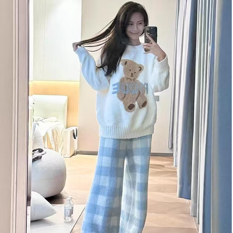 韩版可爱小熊半边绒睡衣女秋冬季新款卡通加绒加厚保暖家居服套装