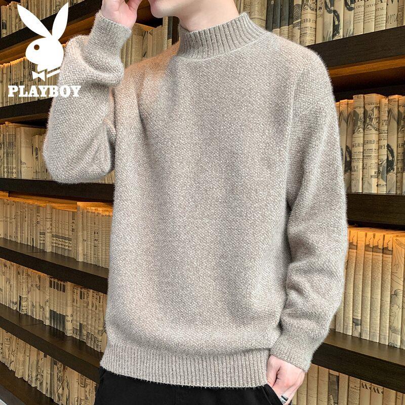 PLAYBOY半高领毛衣男士水貂绒针织衫秋冬季新款加绒加厚毛线衣男