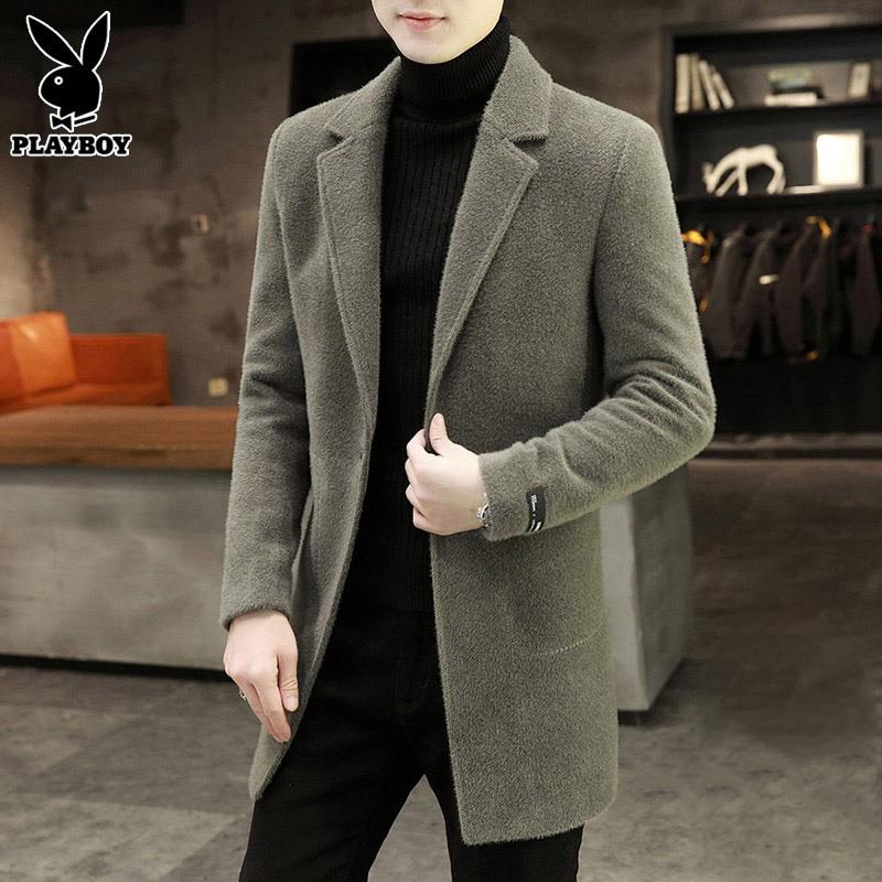 PLAYBOY中长款呢子男外套秋冬季潮流修身帅气上衣服加绒加厚男装