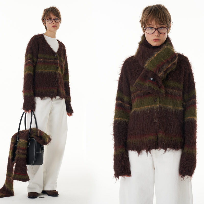 SEEKSIMPLE 圣诞精灵 拼色条纹毛衣开衫D0611