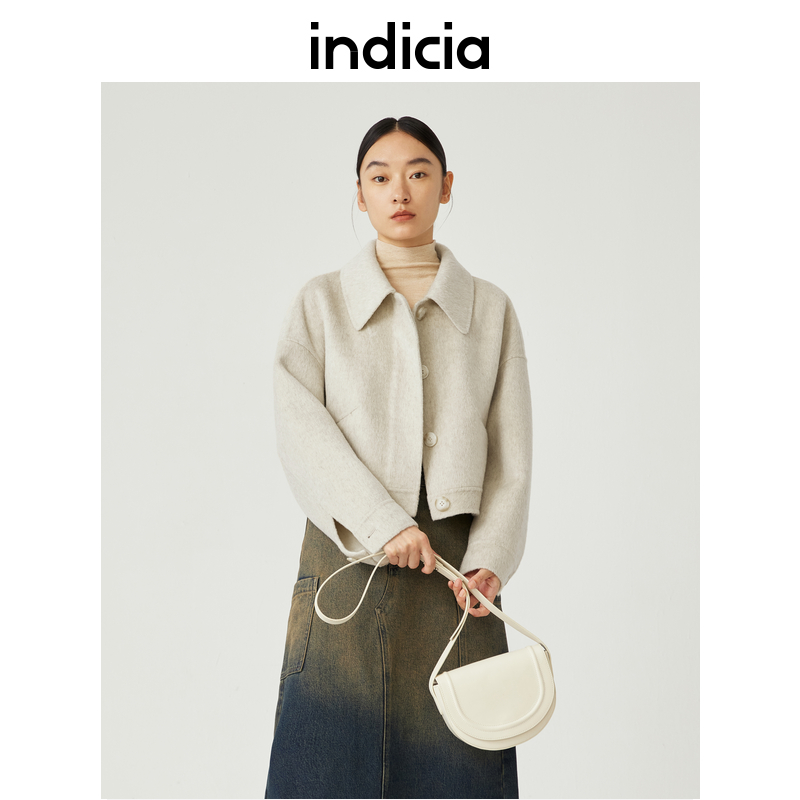 indicia标记商场同款冬款米色短款毛呢外套5D312DY642N