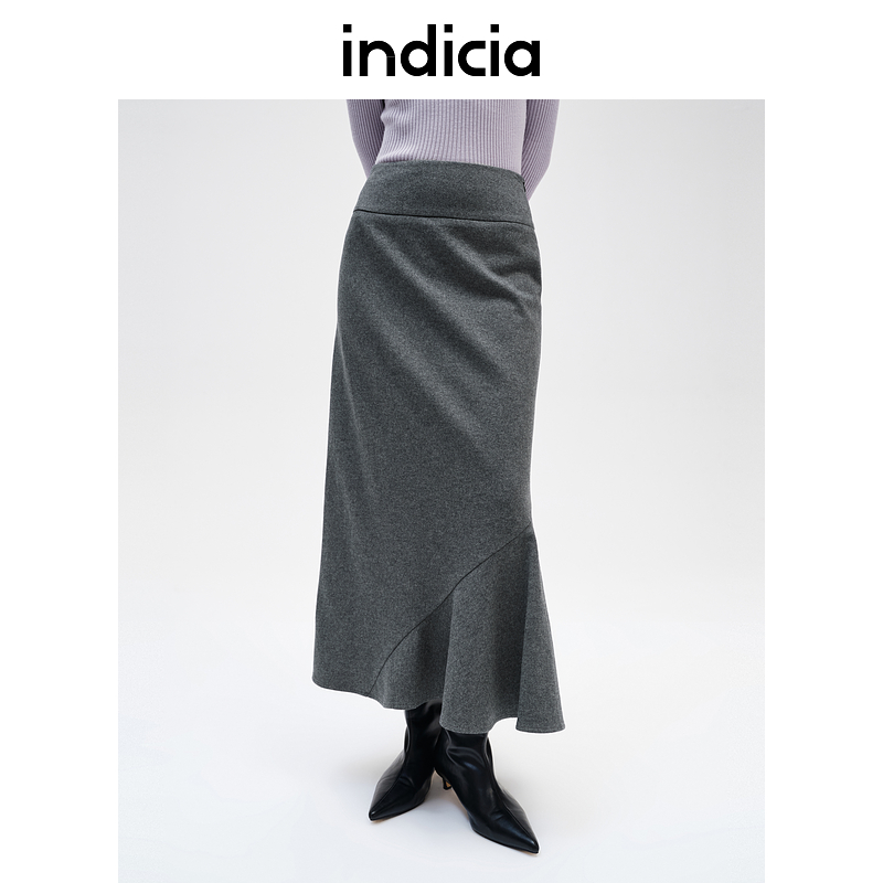 indicia标记商场秋冬100%绵羊毛优雅显瘦不规则半身裙F2D4QZ721C