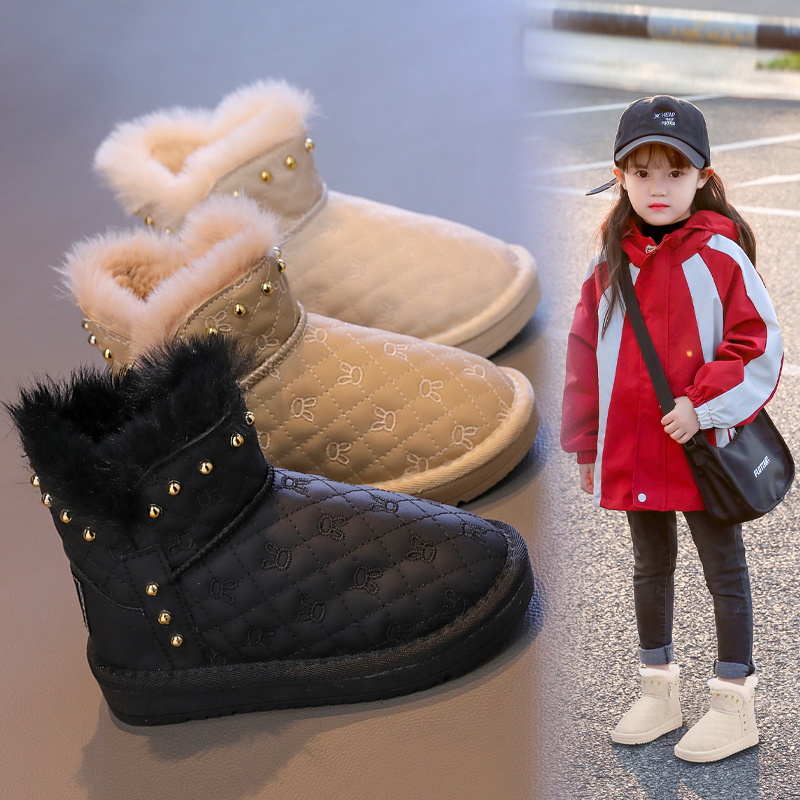 防水鞋子女童雪地靴冬季新款保暖棉鞋儿童加厚皮面棉靴小女孩短靴