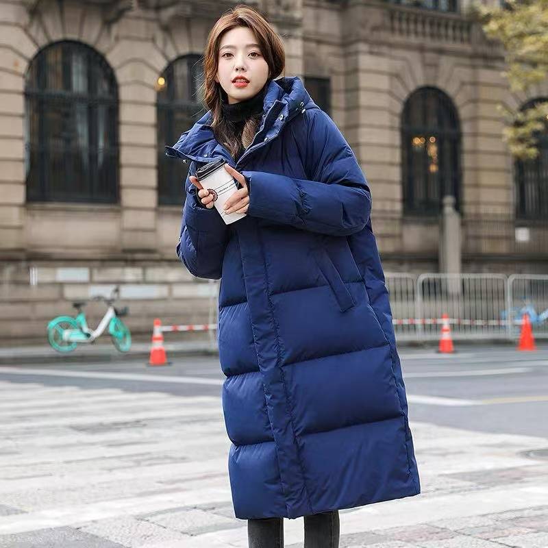 2024年新款矿物质蓝中长款棉衣女加厚款宽松简约连帽面包服棉袄潮
