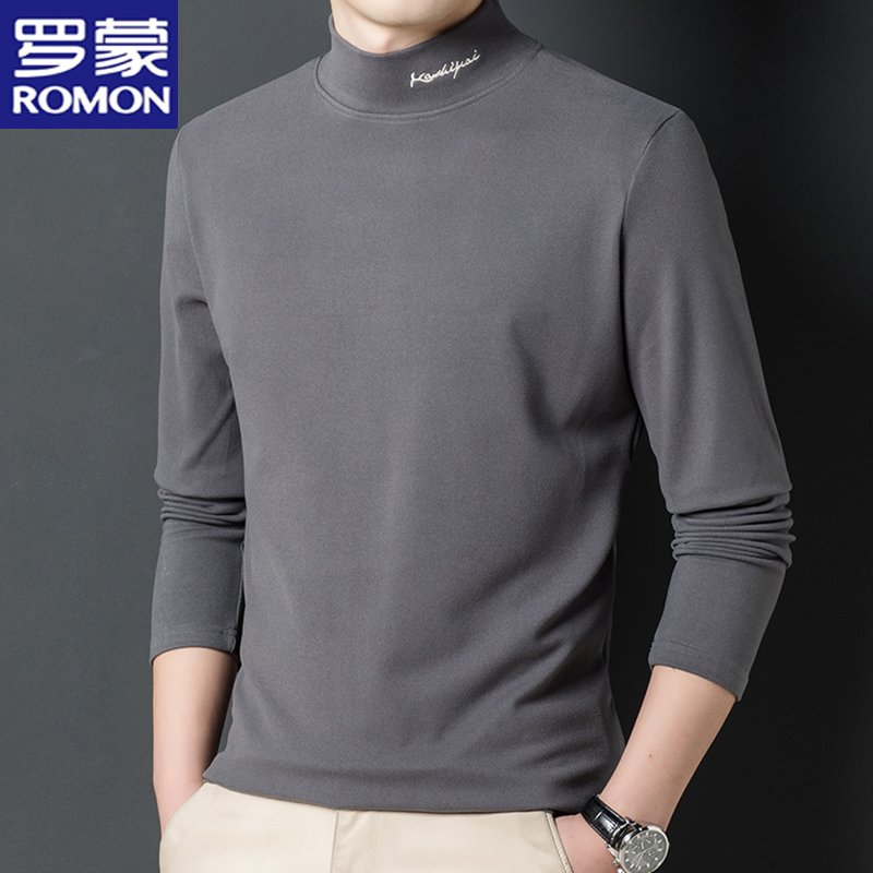 罗蒙秋冬季双面绒打底衫长袖T恤男士半高领刺绣保暖内穿男装上衣