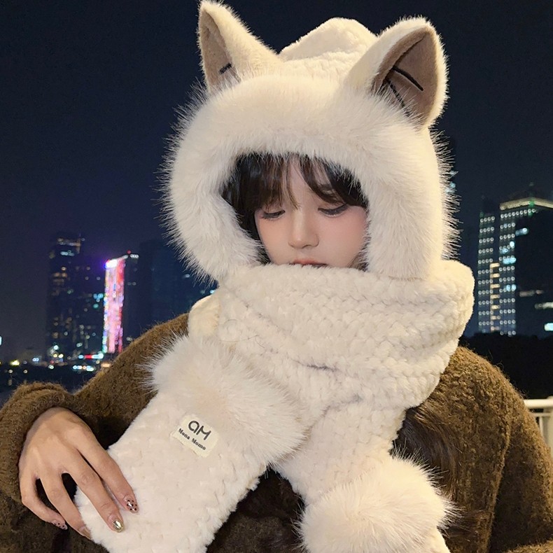 狐狸耳朵毛绒帽子围巾一体女款秋冬季2025新款可爱手套保暖三件套