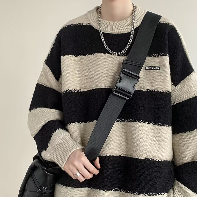 男士条纹圆领毛衣男秋冬保暖宽松打底线衣复古撞色潮牌港风针织衫