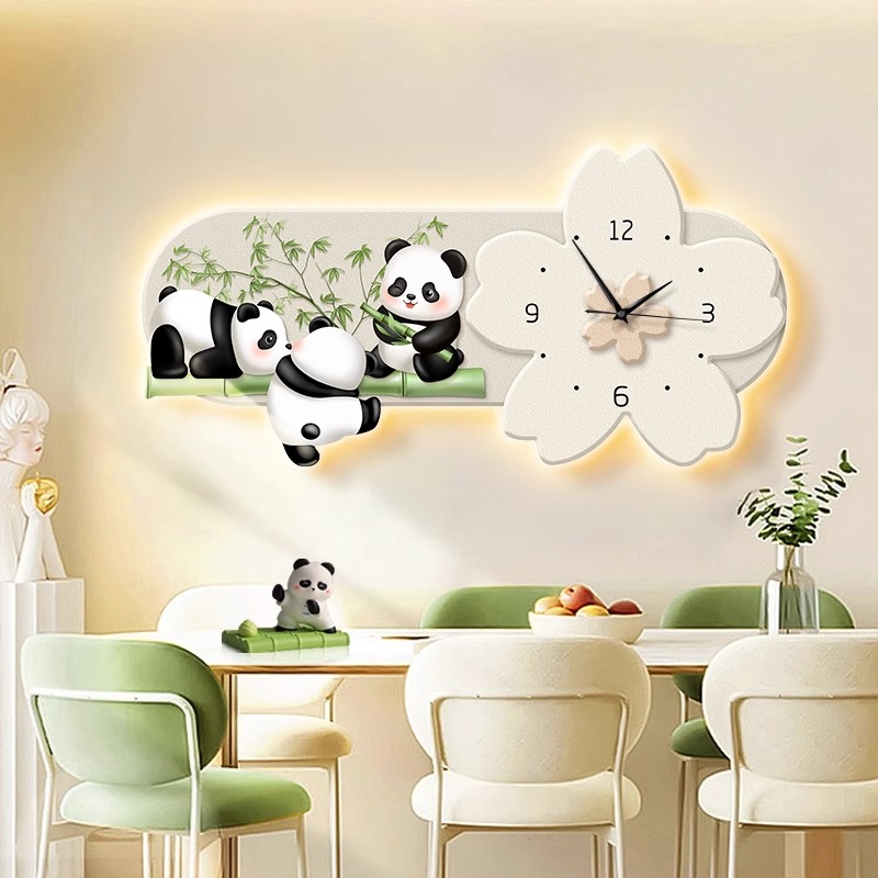 熊猫挂钟装饰画客厅简约现代家用钟表餐厅时钟挂墙摇摆钟表静音