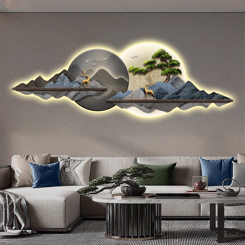 新中式客厅装饰画壁灯发光LED灯画沙发背景墙挂画迎客松轻奢壁画