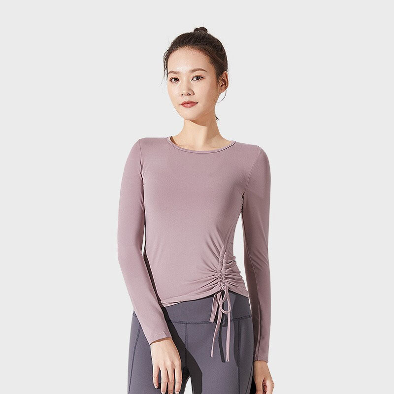 2023速干抽绳褶皱瑜伽服女收腰显瘦裸感瑜伽长袖上衣运动健身T恤