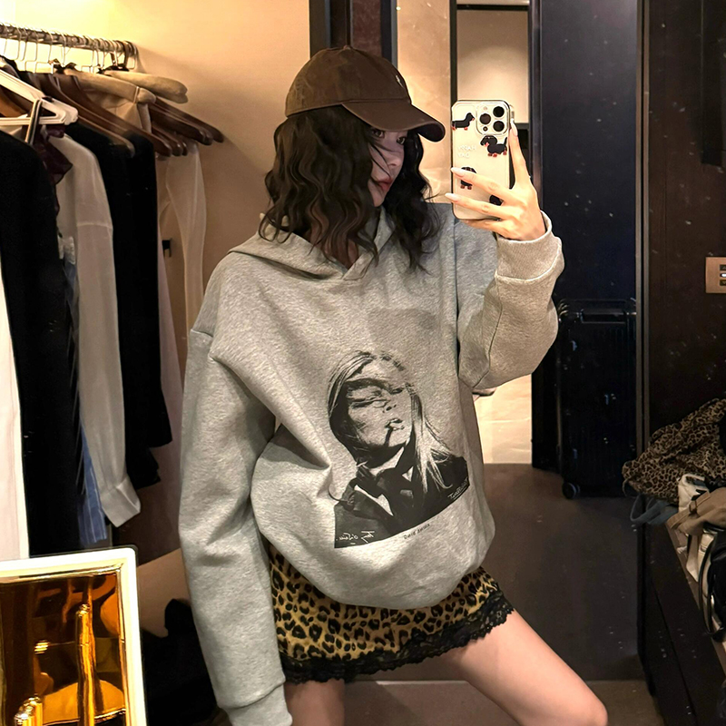 秋季新款韩版宽松百搭印花连帽卫衣女潮流上衣重磅情侣款时尚休闲