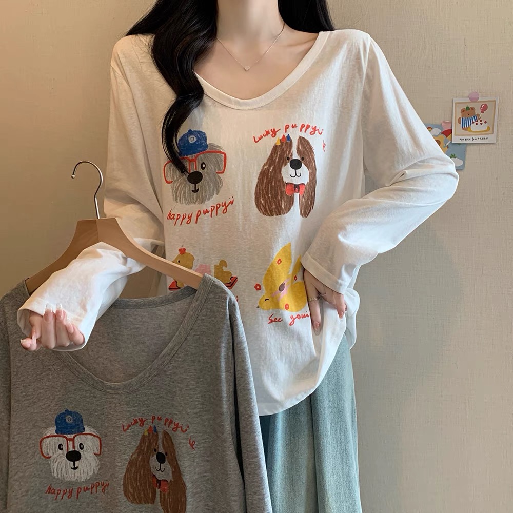 2024秋季新款字母动物印花T恤长袖时尚休闲ins百搭学院风圆领卡通