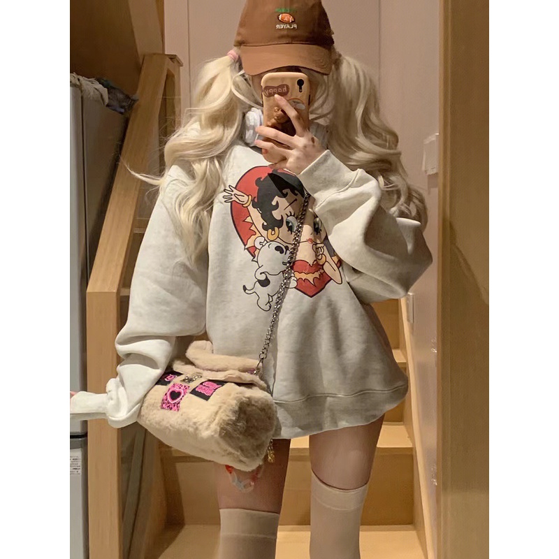 原创秋冬美式复古爱心女郎印花燕麦色加绒卡通圆领卫衣慵懒风宽松