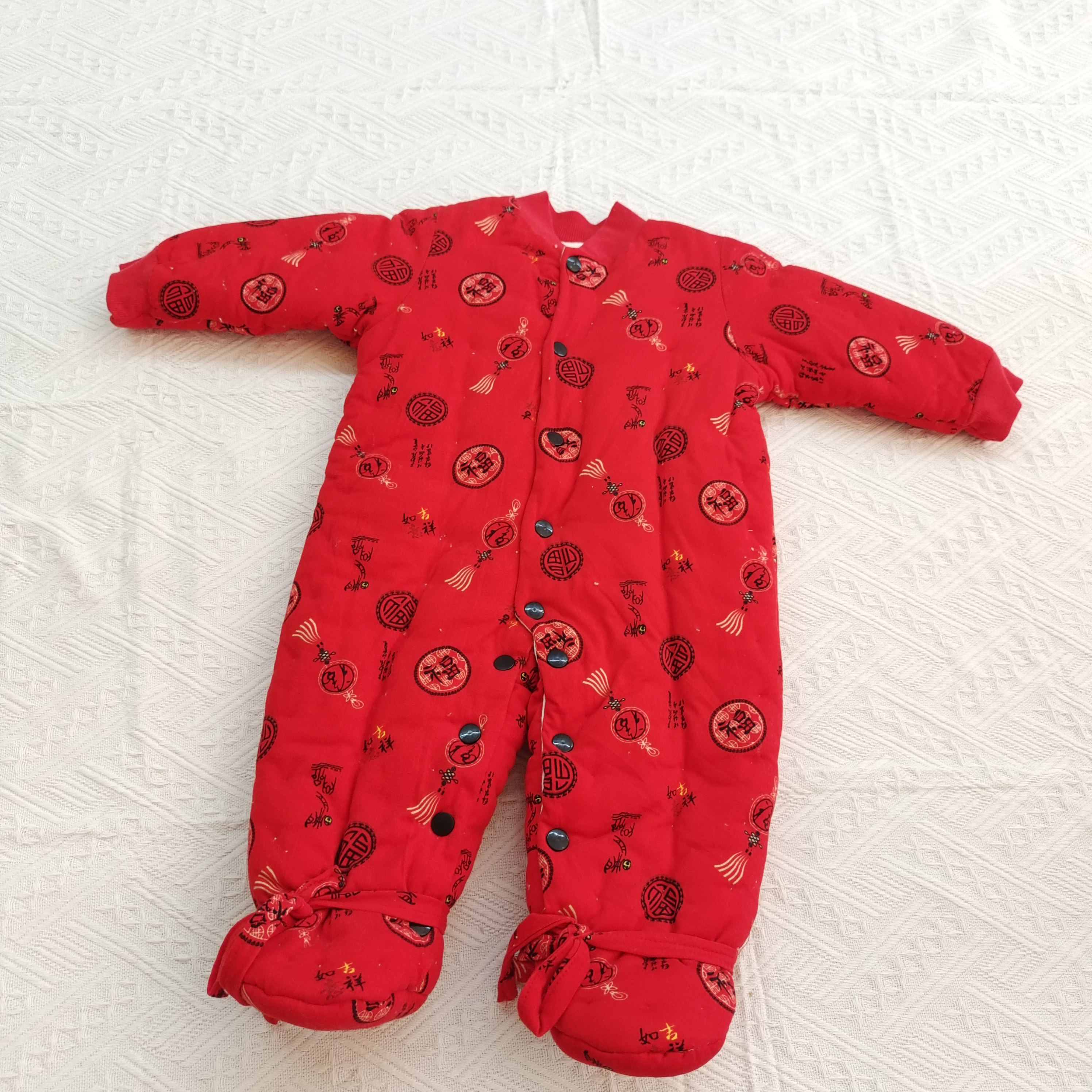 大红福字婴儿手工棉花连体衣爬爬服哈衣冬季喜庆红色新生儿婴童