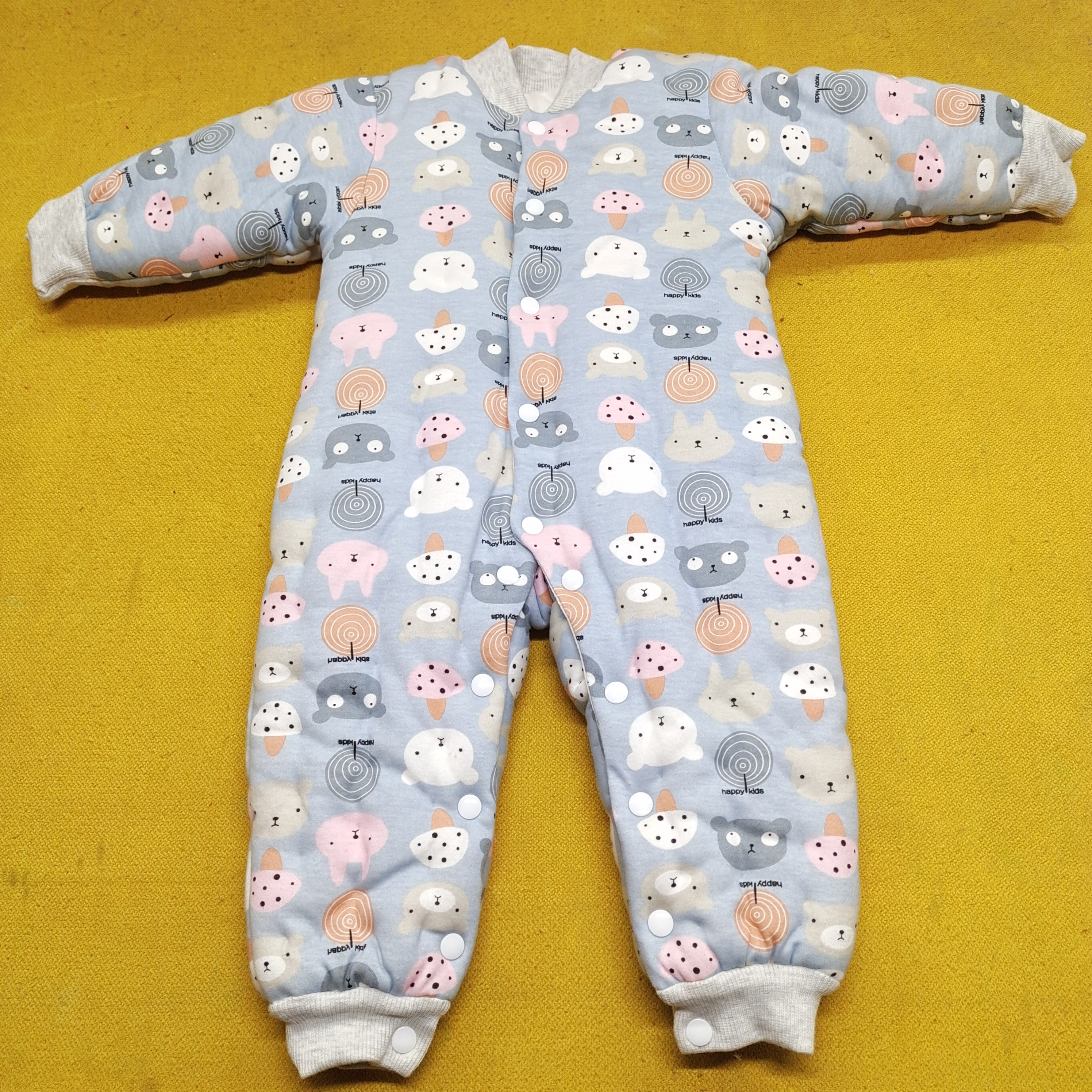 蓝色小蘑菇头手工棉花连体爬爬服婴儿幼儿冬季保暖婴童冬款宝宝