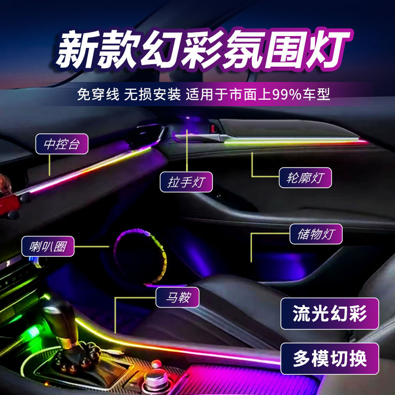 汽车氛围灯车内饰改装LED亚克力隐形式幻彩流光动态免穿线气氛灯
