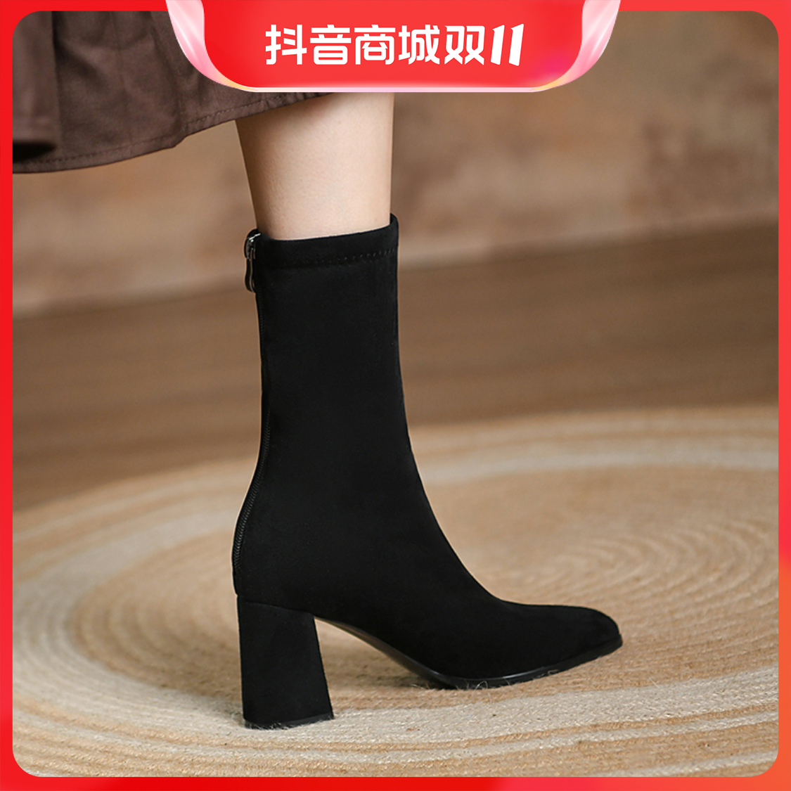百丽纯爱秋季新款靴子女士高跟弹力瘦瘦靴短靴尖头粗跟中筒靴裸靴