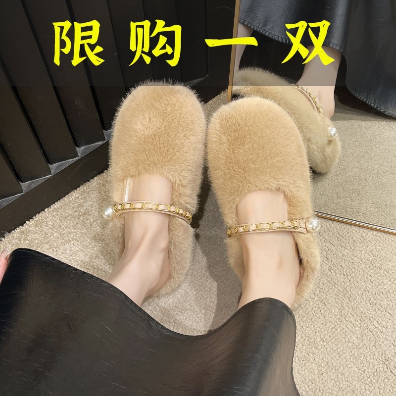 百丽纯爱2023秋冬新款毛毛鞋女冬外穿一字扣带平底豆豆单鞋加绒