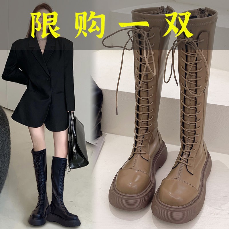 百丽纯爱长筒靴女2023新款春秋显瘦高筒厚底长靴白色过膝小个子