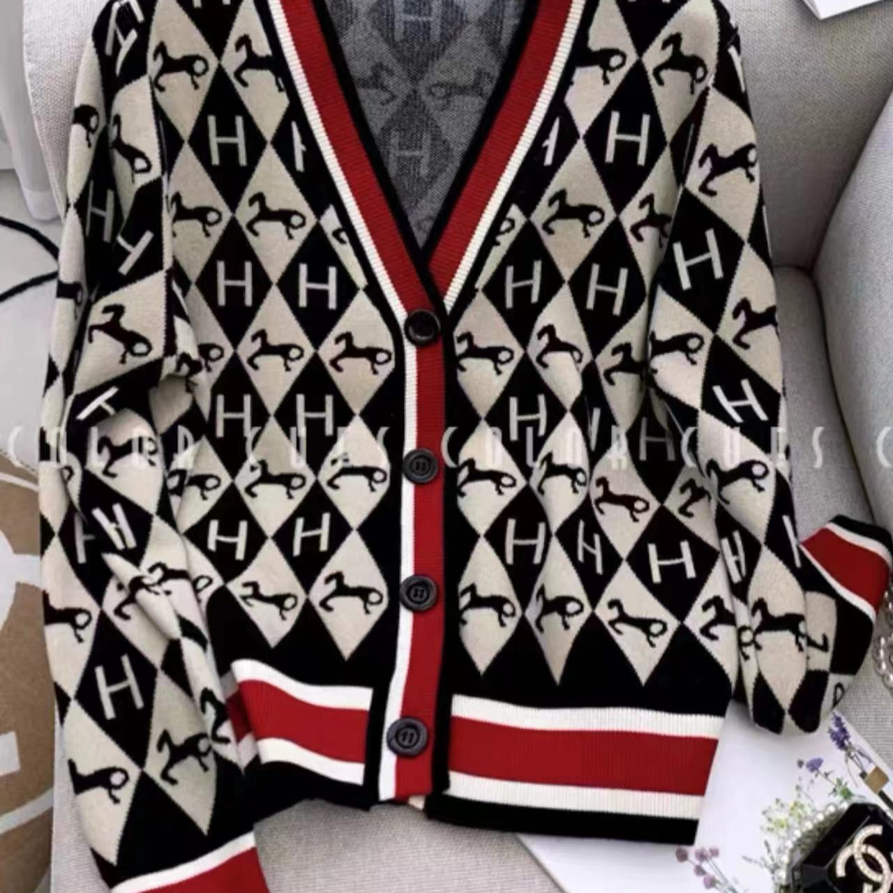 【胖可可严选80-200斤】提花拼色显瘦气质v领长袖针织开衫上衣1816