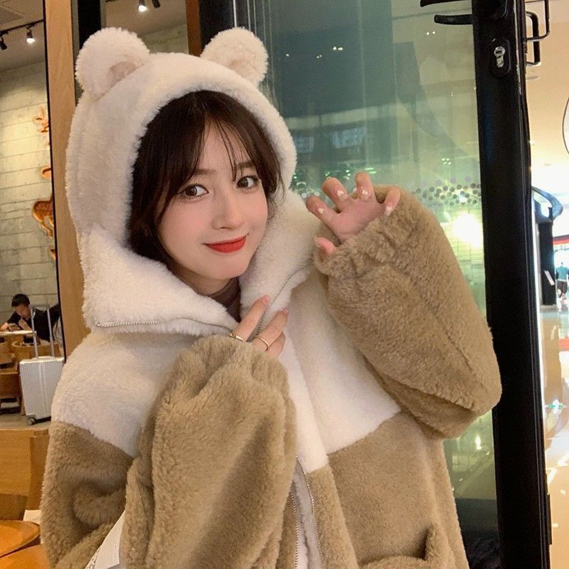 仿羊羔毛外套女2023新款冬季学生保暖加棉加厚连帽上衣外套潮ins