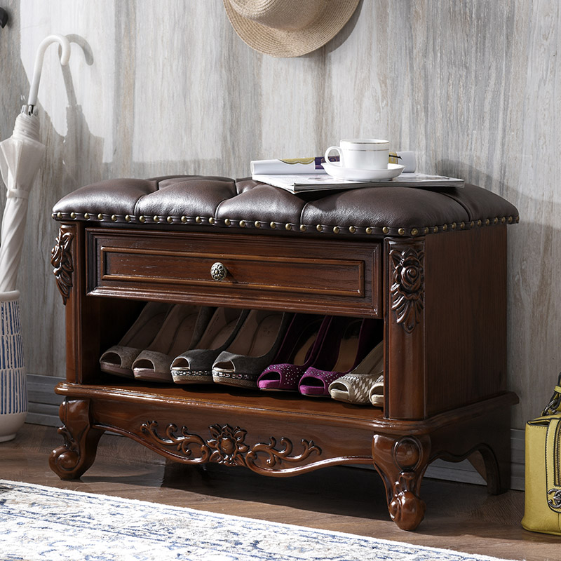 美式全实木换鞋凳欧式家用进门鞋凳可坐带抽鞋架储物穿鞋凳可坐式