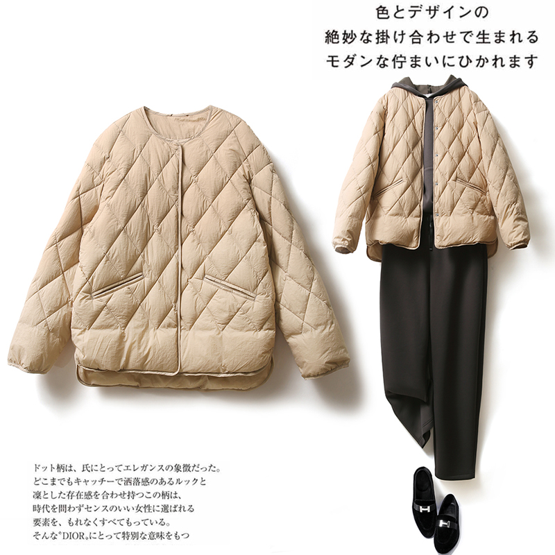 菱格复古加厚新款菱形格女款羽绒长袖轻薄保暖短款羽绒服时尚圆领