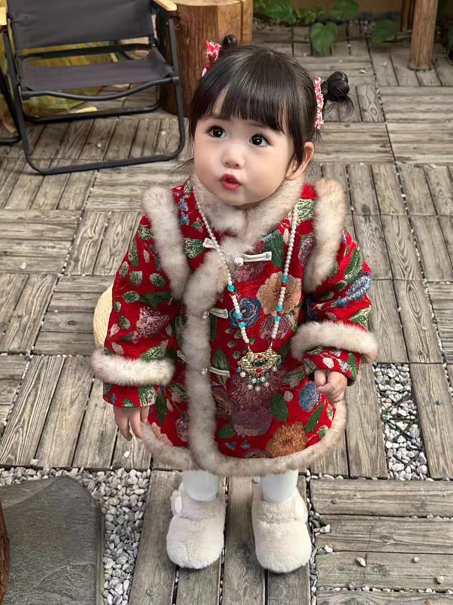 拜年服女童汉服冬款加绒加厚中国风新年服长款儿童旗袍女宝连衣裙