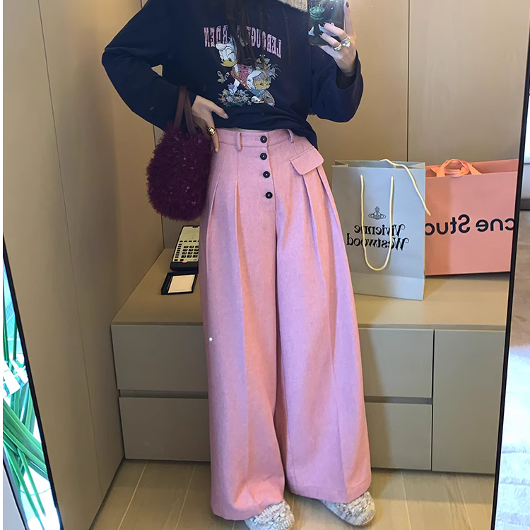 【羽儿家】周美美 复古浪潮压褶多纽扣不对称口袋羊毛呢直筒休闲裤