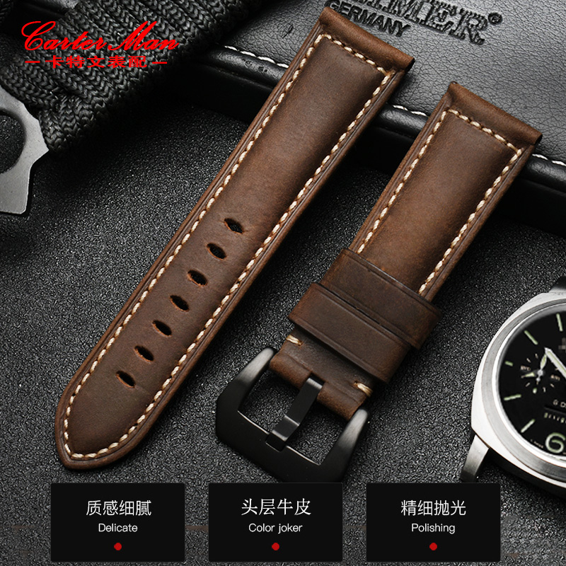 适用Panerai沛纳海表带真皮男PAM111 441疯马皮手表带22|24|26mm