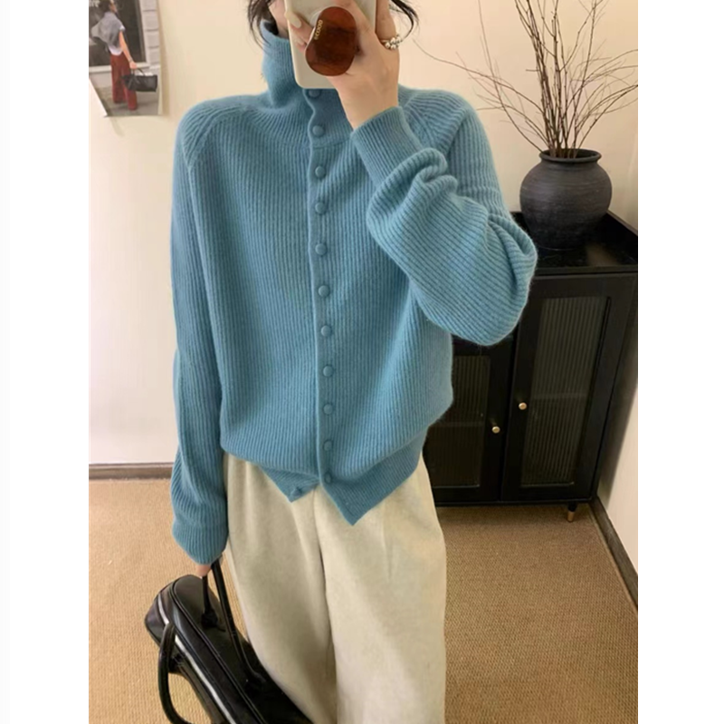 高领针织开衫女秋冬时尚百搭慵懒风高级感翻领毛衣外套厚