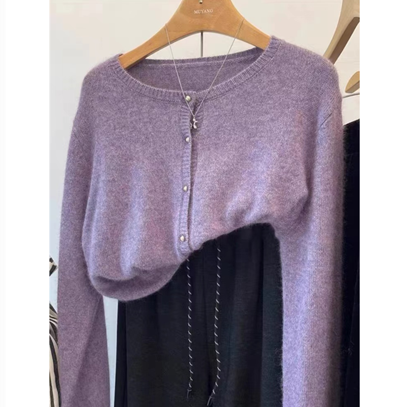 香芋紫针织开衫外套女金扣软糯内搭毛衣短款显瘦打底衫上衣
