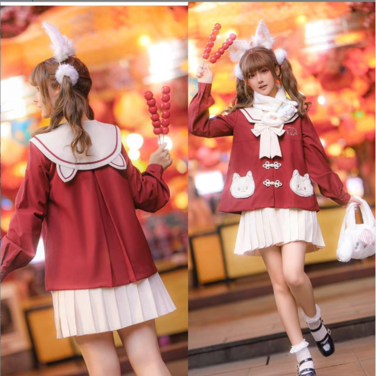 新年款圣诞款双层面料川岛琦原创新品猫咪套装刺绣套装