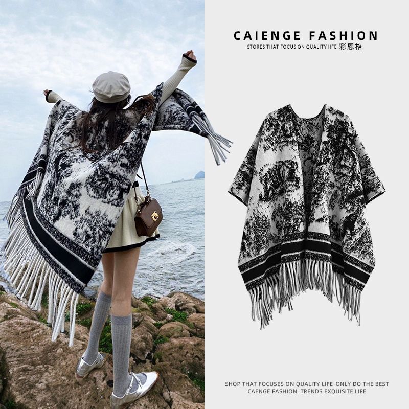Love is long巴黎水墨画披肩加厚流苏斗篷旅游保暖围巾民族风