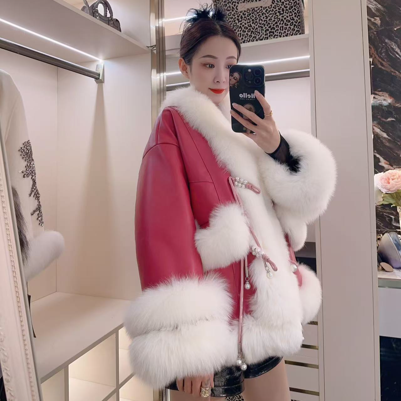 【LACUS  MA】设计师原创冬季绵羊皮狐狸毛外套鹅绒女士新中式8030