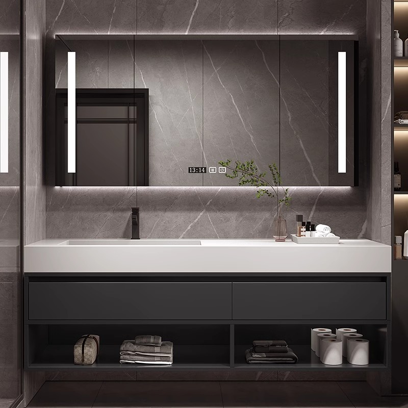 现代简约浴室柜岩板无缝一体盆卫浴柜组合卫生间洗漱台洗手盆定制