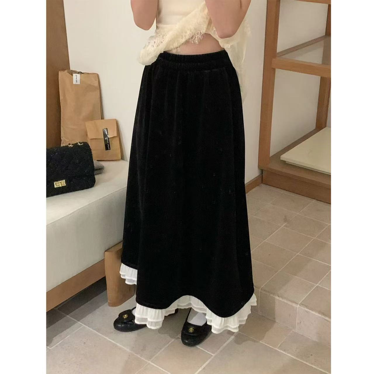 法式花边拼接“加绒”丝绒半身裙12035 裙长86