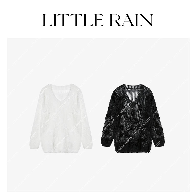 小雨姐姐新款【浅苑花阑】慵懒风V领镂空立体提花宽松针织上衣女