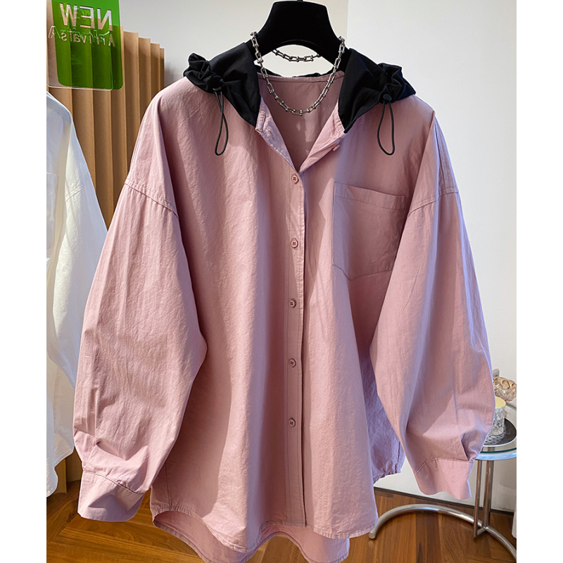 2024早春新款高级感超好看连帽拼接粉色衬衫女长袖宽松大版遮屁股