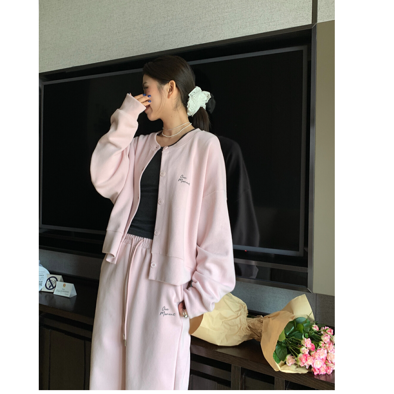 新款休闲舒适通勤百搭针织开衫休闲裤套装两件套