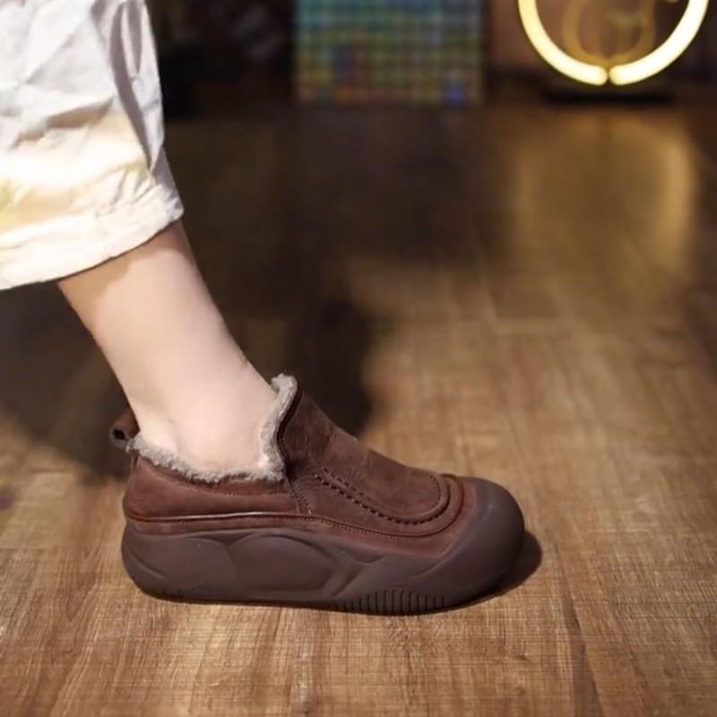 真皮一脚蹬加绒毛毛鞋女2023年秋冬新款棉鞋厚底单鞋妈妈休闲鞋