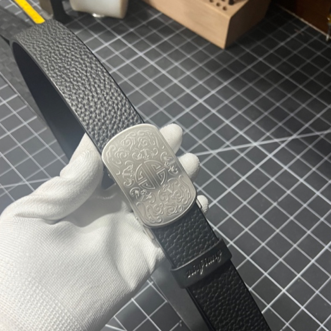 【牛匠24】纯手工皮带 外穿不锈钢祥云五福无牙自动扣+实心头层牛皮