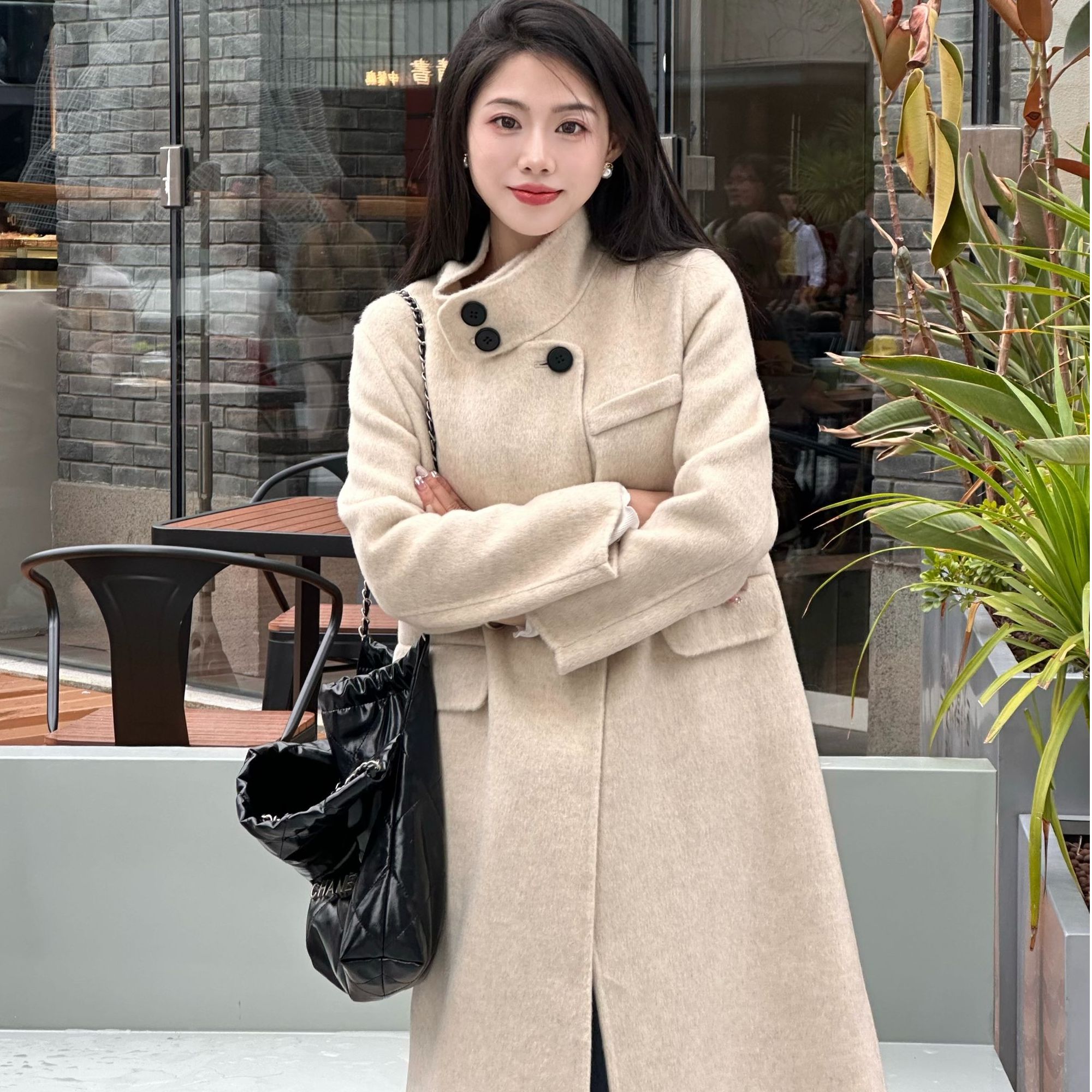 8018款【骆驼绒&桑蚕丝】秋冬新款羊毛大衣女士长款韩版高领外套