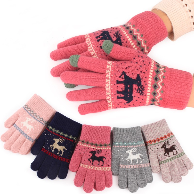 时尚加厚手套女士冬天保暖触屏骑行开车防寒卡通小麋鹿毛线针织