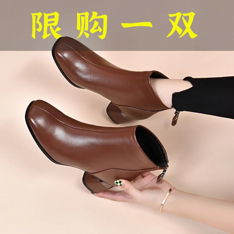 红蜻蜓牌方头短靴女软皮靴子粗跟2023秋冬季新款加绒棉靴中跟马